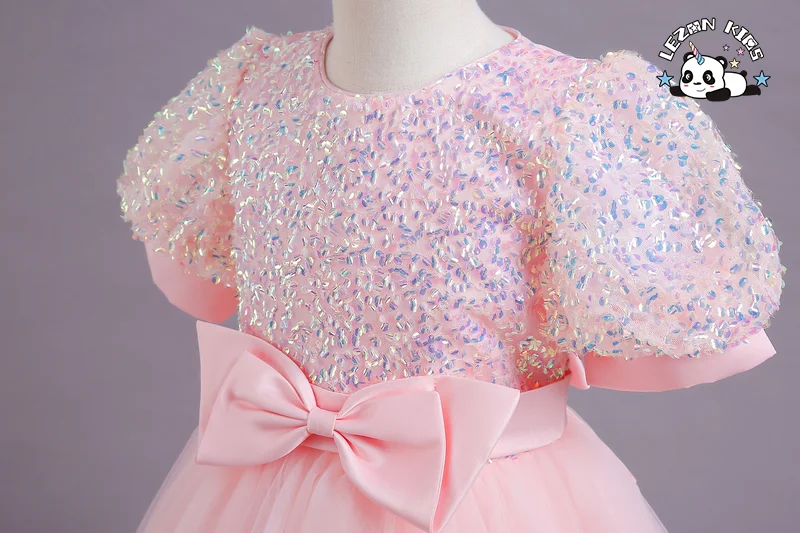 LEZONKIDS - Girls' bubble sleeve dress long mesh poncho short sleeved sequins sweet princess dress